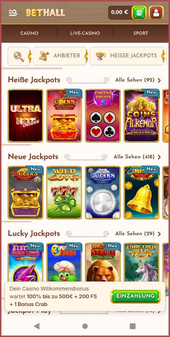 Große Jackpot-Spielauswahl im Bethall Casino