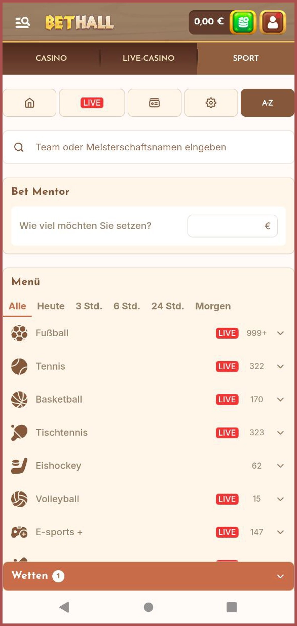 Sportwetten vor dem Spiel im Bethall Casino platzieren
