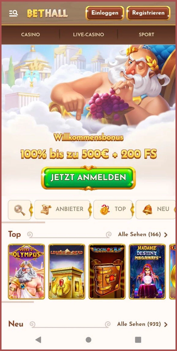 Mobile Version von Bethall Casino – Startseite im Handy-Layout